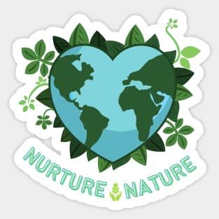 Nurture Nature, Love Earth Save the Earth Go Green. Earth Day April 22 | Heart Shaped World Globe with Leaves Earth Day Awareness Sticker